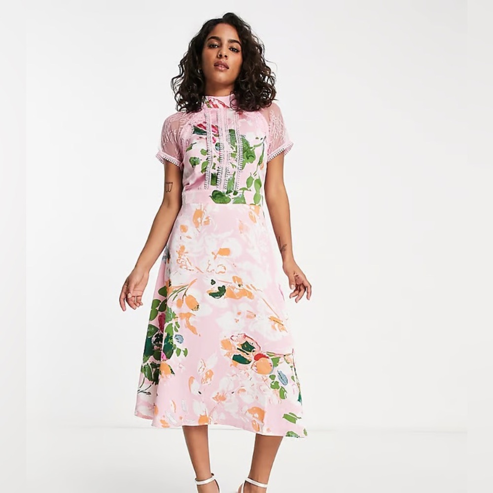 Liquorish Women's Pink A Line Lace Detail Midi Dress